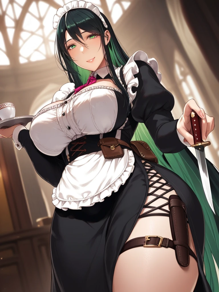 score_9, score_8_up, score_7_up, source_anime,  maid, 1 girl, green eyes, long black hair, dress, smile, knife holster, hand hold a cup, thick thighs, big breasts, big ass, warm light, dutch angle, cowboy shot, royal bedroom background, 