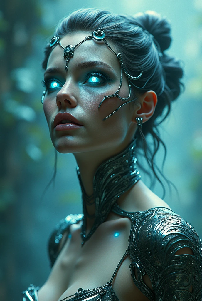 a close up of a woman with a body covered in silver, greg rutkowski and h r giger, hr giger. 8 k, nekro xiii, nekro iii, movie still of a alien cyborg, biologic hr giger style, cyberpunk robotic elvish queen, nekro, highly detailed surreal vfx, humanoid flora --auto --s2