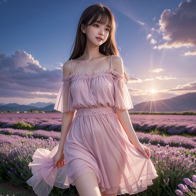 Photos of vast landscapes, (from below, sky above, open fields below), a girl standing on a flower field looking up, (Full Moon: 1.2), (Meteor: 0.9), (Nebula: 1.3), Distant Mountains, Trees BREAK Making Art, (Warm Light Source: 1.2), (Firefly: 1.2), Lamps, Intricate Details, Volume Lighting BREAK (Masterpiece: 1.2), (Best Quality), 4K, Ultra Detailed, (Dynamic Composition: 1.4), Detailed, Colorful, (Rainbow Color: 1.2), Big Breasts, Erotic Lingerie, (Glow, Atmospheric Illumination), (Solo: 1.2), Slip Dress, Pathetic, Blush, Short Skirt, Delicate Hair, White