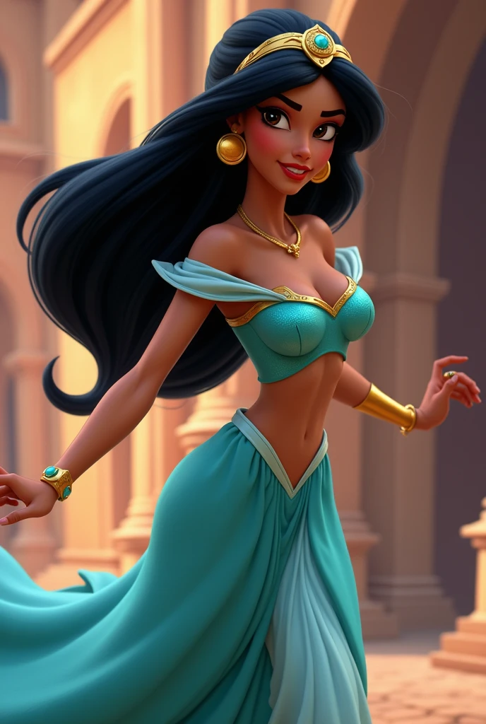 hyper-realistic 4k photo of JasmineWaifu, arabian princess,blurry background, setting is on a high roof patio at a palace, background is a arabian landscape with a (mosque:0.9) and small town,<lora:Jasmine_character:.8>, tan <lora:Dskin_v1.0:1.5>,( giant breasts:1.25), <lora:ClothingAdjuster3:-.85>, <lora:add_detail:.2>, <lora:ReaLora:.4> ,<lora:PerfectFullBreasts-fCV3.5:1.5>, blue arabian clothes, off-shoulder shirt, (pants:0.5), (multi-tied:0.5) (long:0.1) hair,(jewelry), arabian princess, belly dancer, bokeh, <lora:LowRA:-.65>