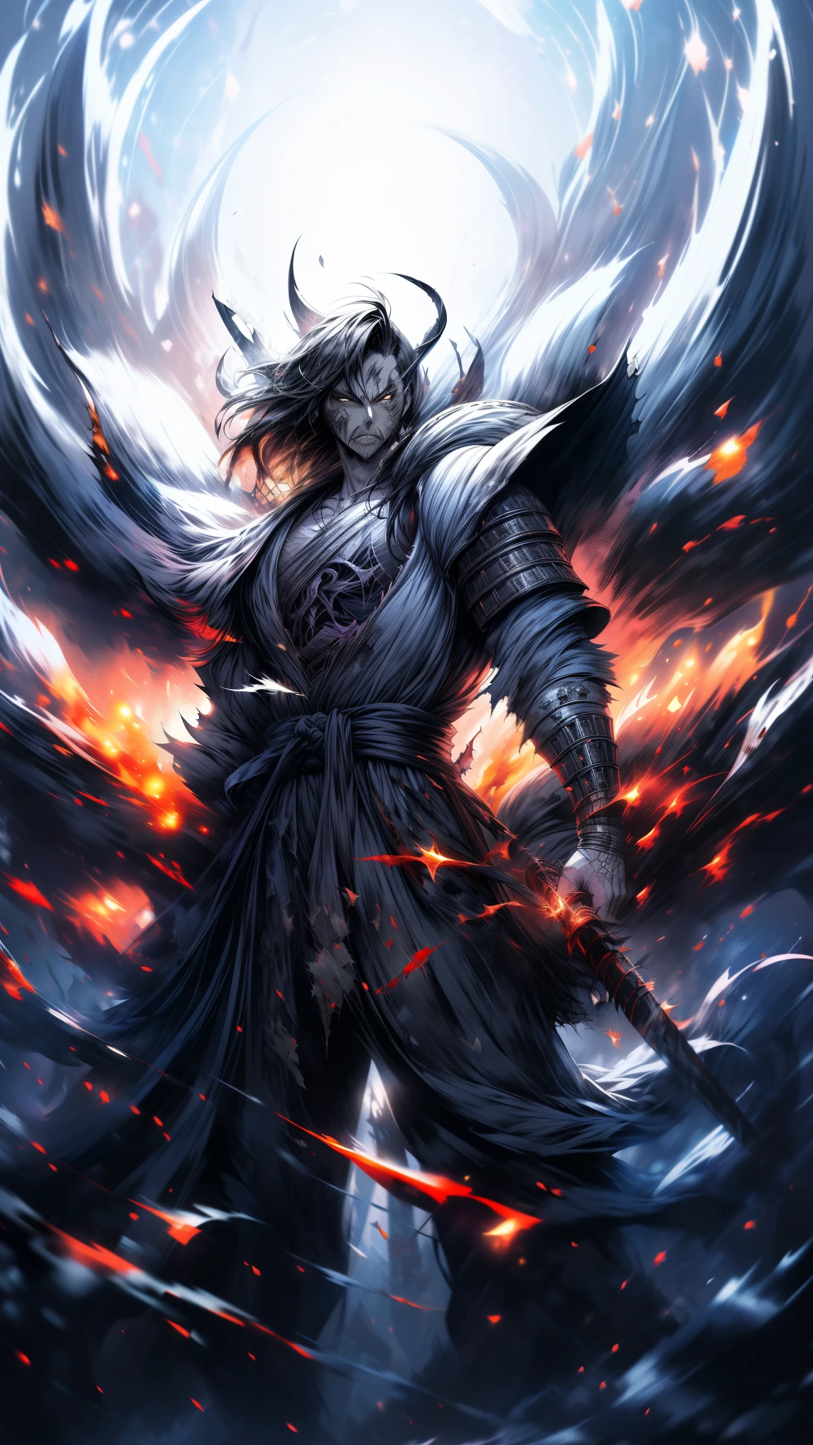 general plan full body ,((dark and torn black and white illustration:1.5)), ung person, beautiful muscular body, fierce expression, holding a weapon , (colors in your clothes, Warm, orange, yellow, Violet: 1.3), standing on a desolate land, dramatic lighting, intense shadows, sandy texture , high contrast, vibrant colors, dynamic pose, Powerful posture, rough background, explosive atmosphere, dystopian theme, surreal elements , digitally painted illustration, High definition resolution, intricate details , dramatic composition, avant-garde and chaotic brushstrokes, gothic style, intense emotions, Scale epic, raw and gritty feeling, Captivating and provocative works of art. Samurai warriror, samurai sword, demon, monsters