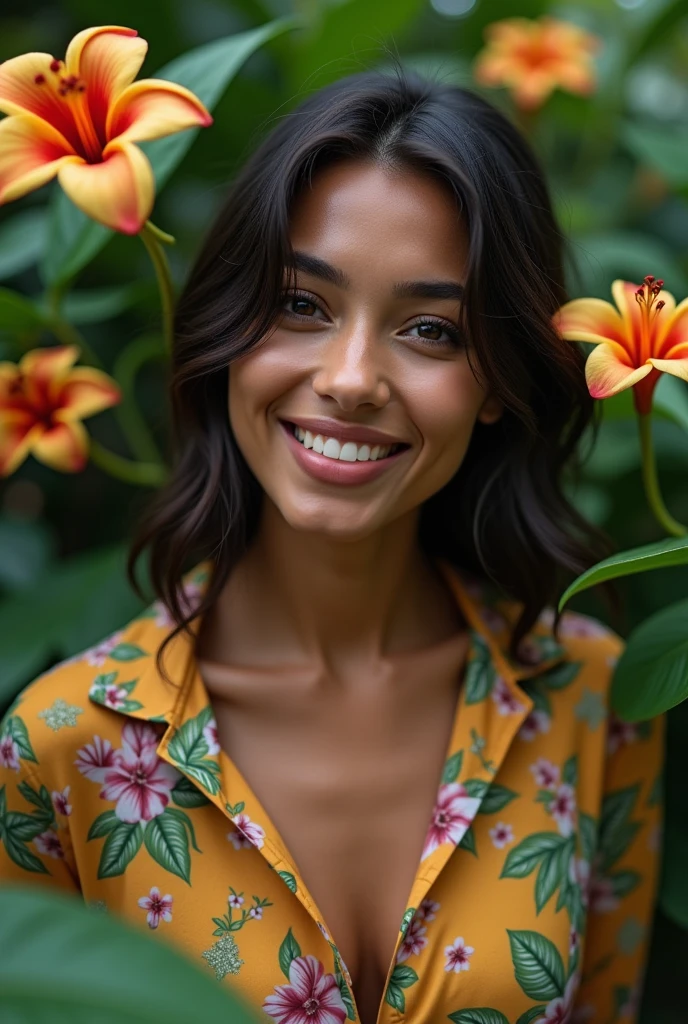 A Brazilian woman in a lush tropical garden, wearing an open shirt with a floral print, with a close-up capturing the harmonious beauty between her breasts and the natural flowers, showing off your natural charm and outgoing personality.