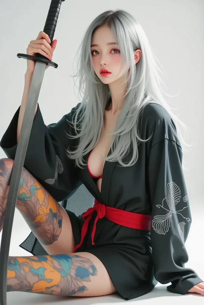 Beautiful Japanese Waifu, early 30s, grey hair, black lace bra, luxury black loose yukata, lying on tatami, black boots