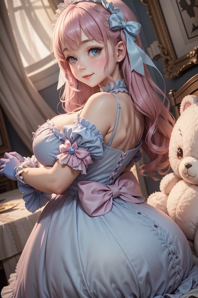 1girl, photo, masterpiece, sweetlolita at bedroomgothic gothic interior, blue white dress fabric, heart shape on cheek, blush pink makeup, gloves, smile, pastel color, ornate, broderry, holding stuffed teddy bear, bokeh,, huge boobs, huge ass