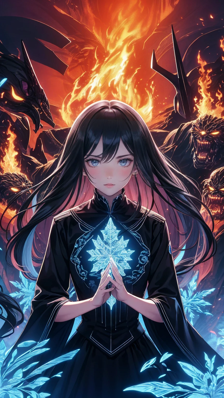 "  I'm a witch who lives in a terrifying mountain  ,   she has disheveled black hair and fiery red eyes,   she raises her hand while cursing the villagers  .   Her face is distorted with anger  ,   Her body is burning while being engulfed in flames  .   The villagers stand in the background  , Frozen in fear ,   staring at the scene with horror  ."
