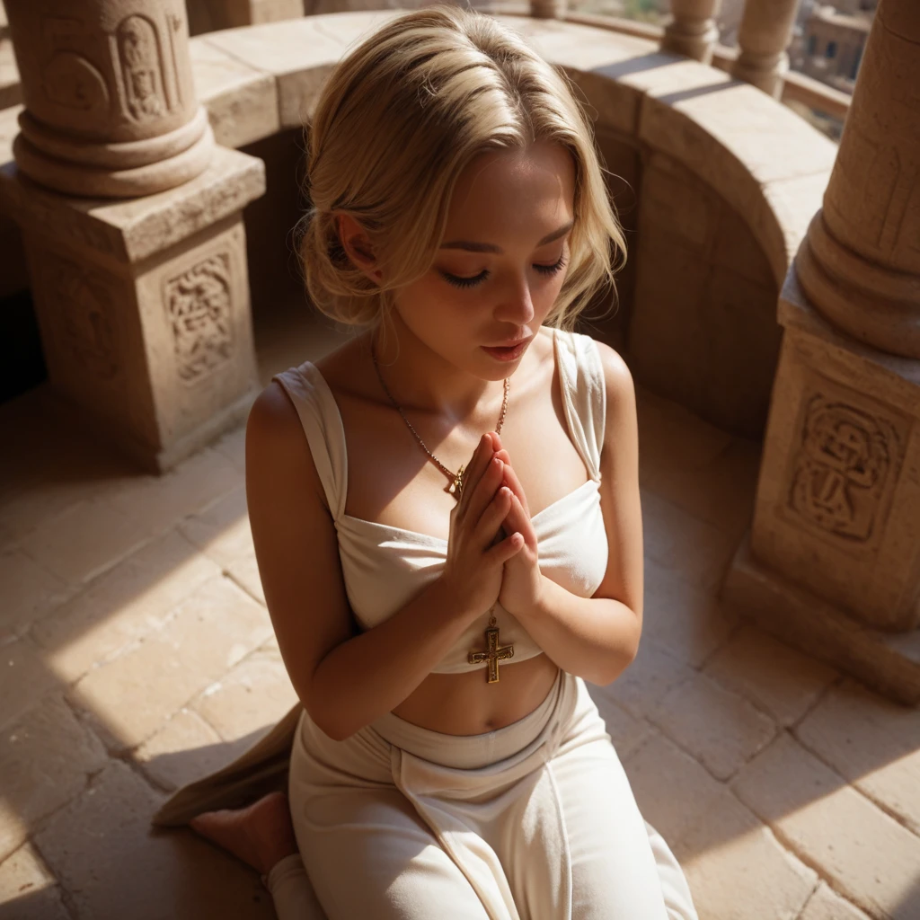 blonde. eyes look forward. White dress. in meditation. In the temple