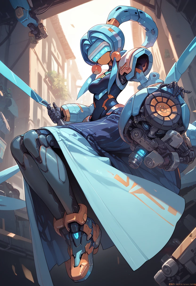 masterpiece, high definition , top quality,8k 
(ponytail,mechanical girl,mechanical body,blue long skirt,mechanical goggle,blue body color,no mouth) 