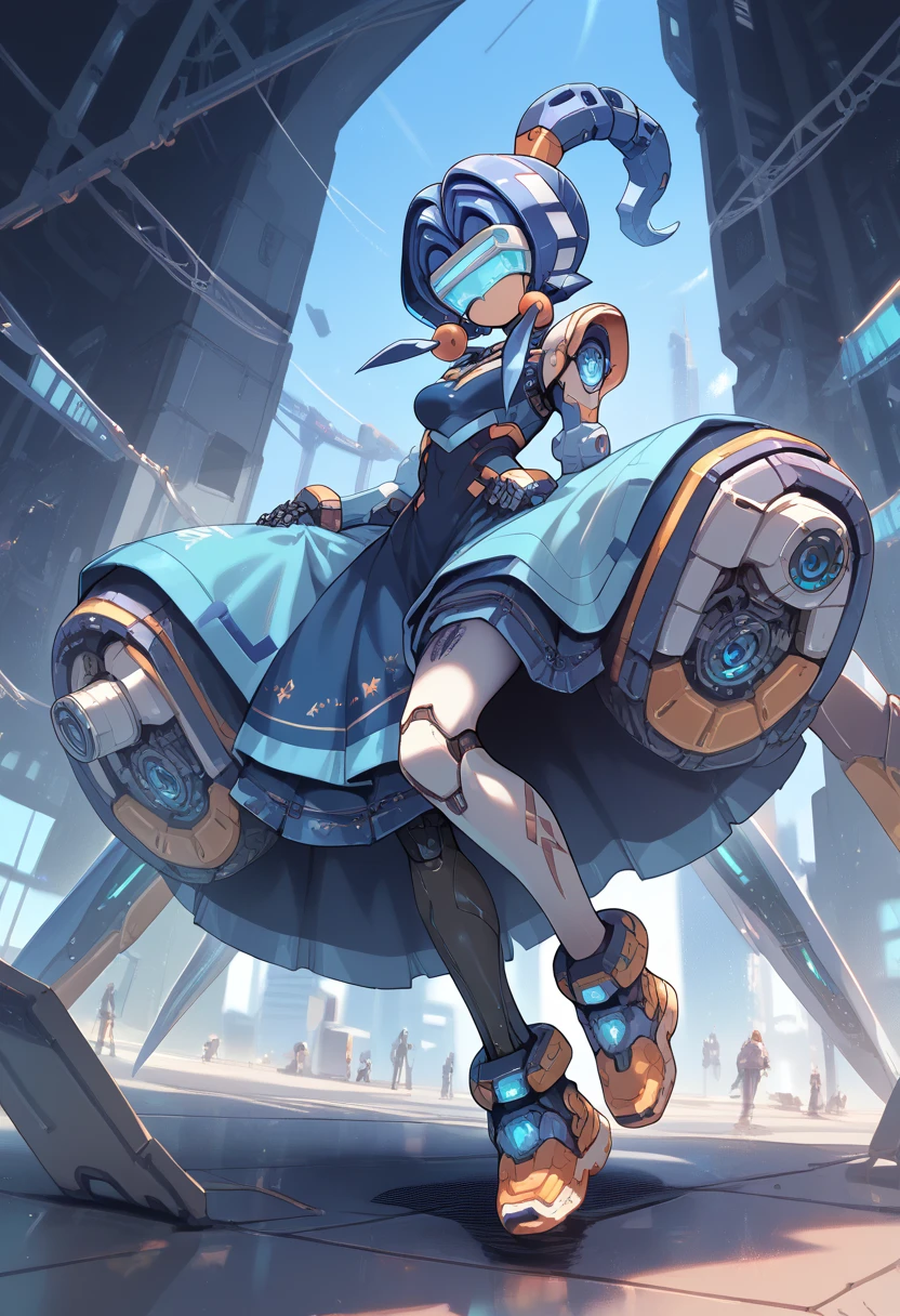 masterpiece, high definition , top quality,8k 
(ponytail,mechanical girl,mechanical body,blue long skirt,mechanical goggle,blue body color,no mouth) 