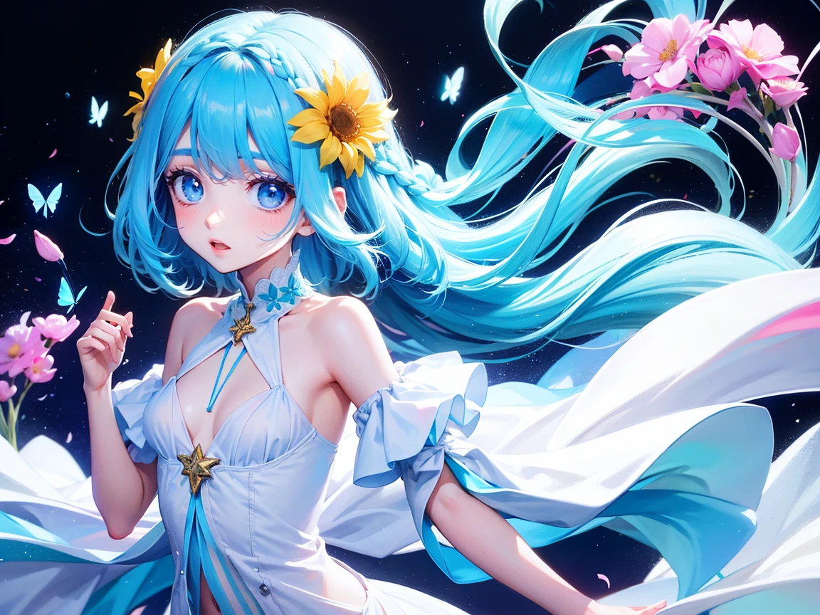 beautiful fairy with light blue wings,long ponytail, see-through dress, seductive smile,small breasts, (sit,), leaning forward,dappled moonlight, night rays, volumetric light, iridescent light, scenery, open up on body,moon light, night light through wings project a( rainbow color volumetric light:1.3),snow ,snow field, mountains ,waterfall in the background,iridescent hair,lens flare,from below,waterfall, blurry foreground flowers,(clouds:1.0), (masterpiece:1.3),(best quality:1.4),(very aesthetic:1.3),(absurdres:1.2),newest, intricate details, (depth of field, blurry background, blurry foreground:1.3),greek clothes, Hatsune Miku,