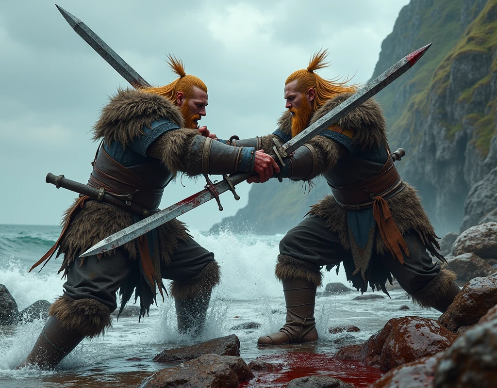 18 year old male, red hair and thin body only wearing jeans and sneakers, another man with long, platinum hair, muscular and hairy body, henry cavill in animal leather pants and boots fighting 12th century knights in a dark forest with swords