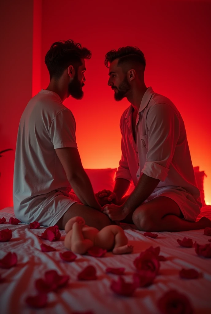 Two gay males kissing on the bed, straddling, naked, nude,
