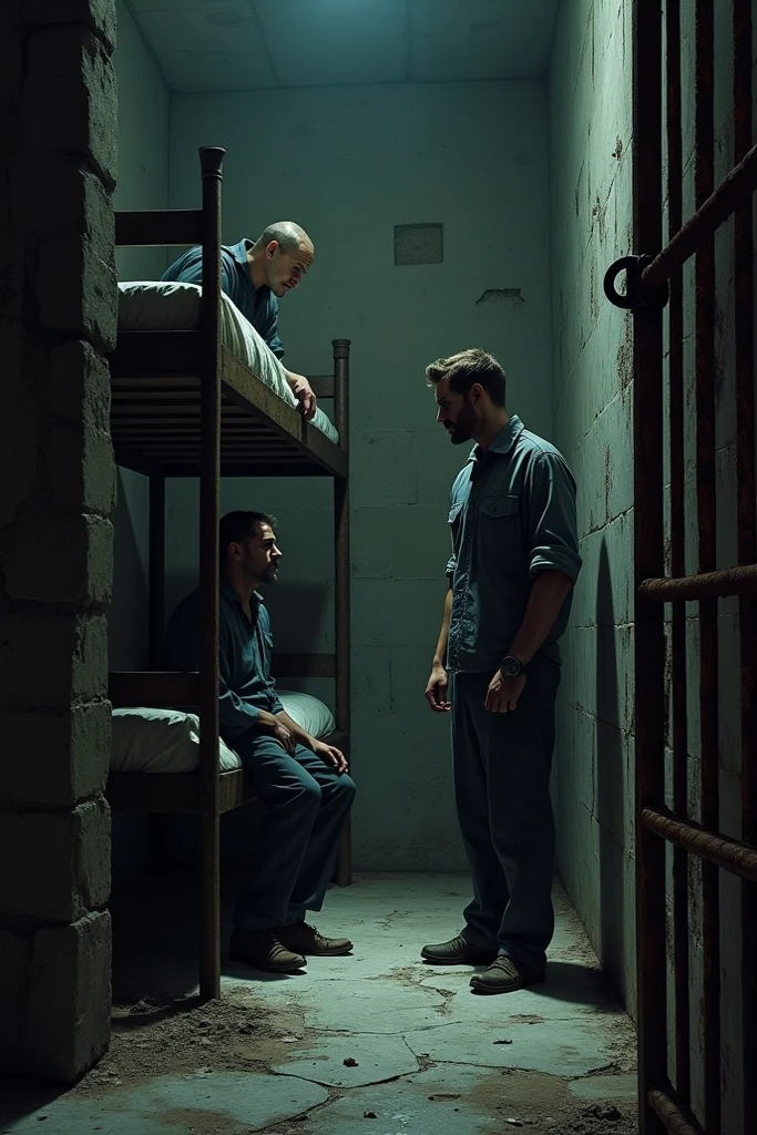 (2men, 1 security guard, 1 inmate), (Face looking into cage:1.4), strip-search, taking off clothes, creepy atmosphere, interior, mechanical basement, Cage:security guard with a flashlight, in front of a cage::(cage:filled with::depression, longing and loneliness:::), (cinematic photography by Bruce Weber and Herb Ritts:1.2)