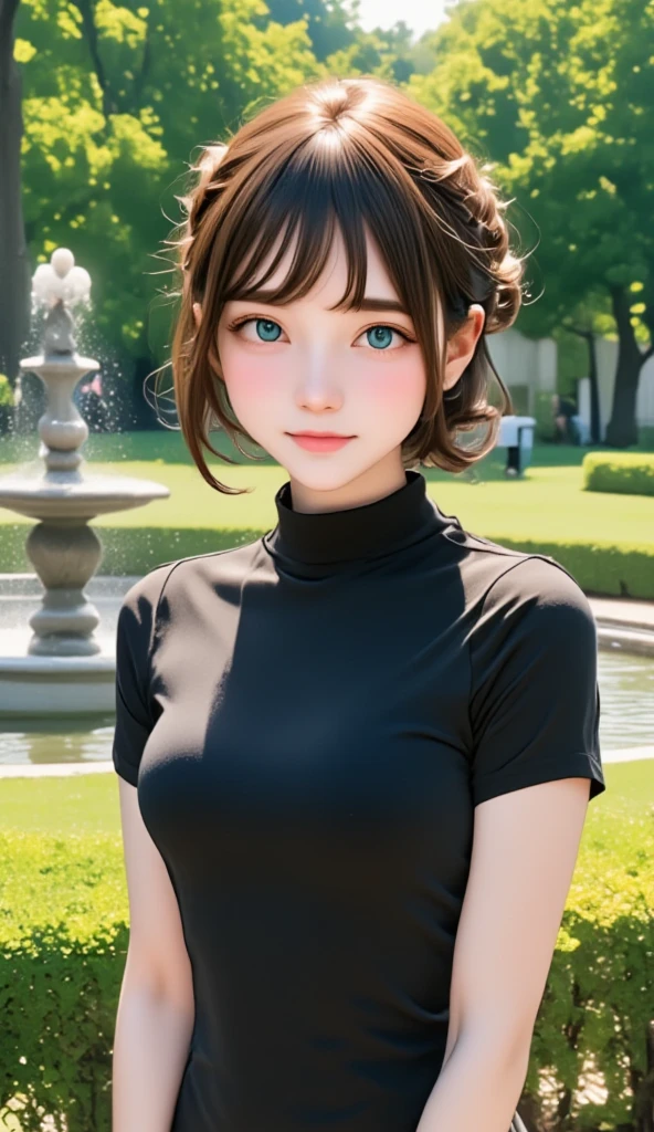  top quality:1.2、  Masterpiece  、 film grain 、 RAW photo、 one girl、 cute face、Fuller lips、Beautiful brown hair、Transparent grey eyes、 ponytail、短い髪の ponytail、black turtleneck dress、 small breasts、 small breasts、 slender body 、Summer Park、Park with a fountain、