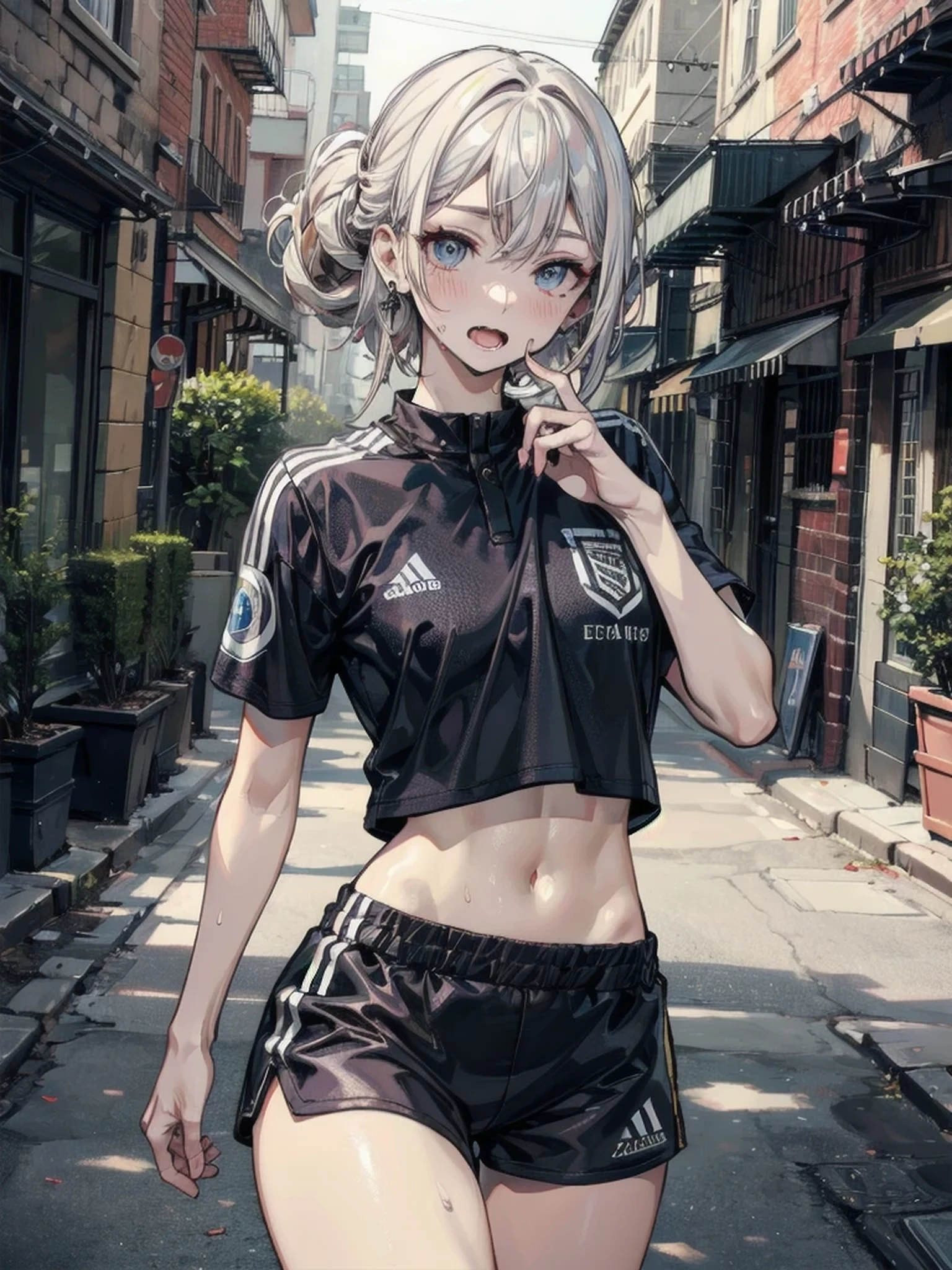 (((mulher))), (((melhor qualidade))), (((obra prima))), (((adulto))), (((1girl))), ((( corte de cabelo bob ))), Uma gladiadora cyberpunk mulher de 25 anos com corpo perfeito, shoulder pads with metal spines, Gladiadores do Brooklyn, (( corte de cabelo bob )), tiny leather panties, camiseta de time de rugby rasgada, quase nua no estilo selvagem urbano de Simon Bisley para a capa da revista Heavy Metal, Cabelo loiro curto, Minimum clothing, Metal protection on the left arm with intricate graphics, Dark red with white stars and white and navy blue checkerboard pattern, armadura, cheio de pontas e rebites, (((do joelho pra cima))), cabelos loiro branco curto, no fundo uma parede pintada por Shepard Fairey com um design intrincado