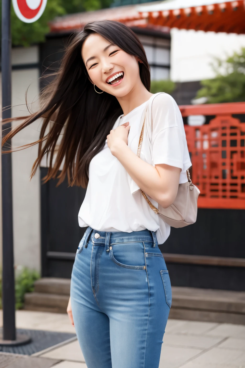 (the Extremely Detailed CG Unity 8K Wallpapers), (masutepiece), (Best Quality), (Ultra-detailed), (Best Illustration), (Best Shadow), 超A high resolution, (Photorealistic:1.4), one girls, (Denim shirt、Denim trousers)、鎖骨, ,small tits, Small , (Light brown hair、highlights hair), Looking at Viewer, lightsmile, Slimed、A slender、Model body type