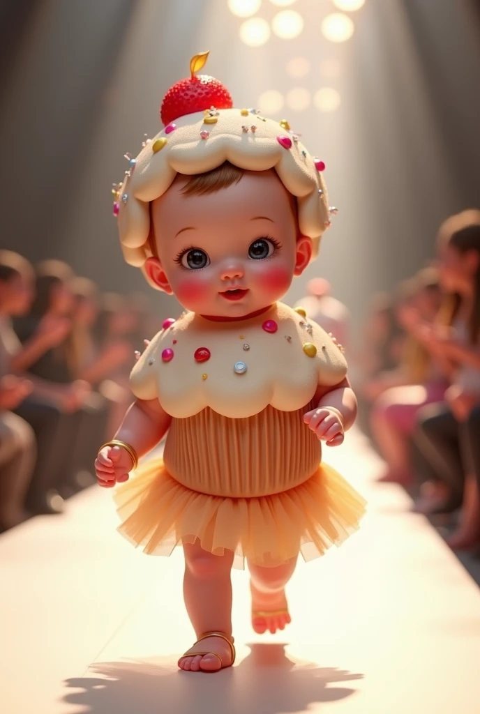 Baby, wearing a dress made of slices of cake, filled with chocolate decorated with confetti, in relief, and on the baby's head a hair ornament, made of pieces of cake, filled, in relief, parading on the catwalk, ultra realistic 4k
