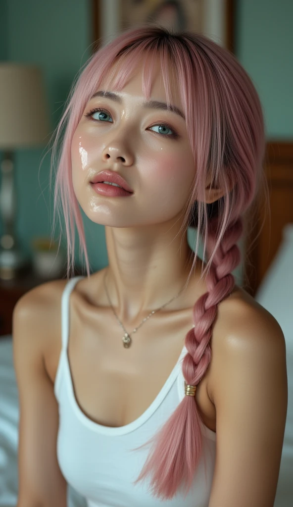 我Movie般的全身照 1 个女孩, sexy CUTE CUMface girl , braid,  cute face, Gorgeous, (( skinny  anorexic  body)), (Body height:177cm),  cute,  pretty face , pale,  pink hair,  blue eyes ,  full and shiny lips, Big lips, Thick lips,   split lips  , Light pink lip gloss , Mascara,  skinny  thighs ,  skinny , plump, Big Head,  innocent eyes ,  with a youthful face, Long pink nails, choker,  high-top heels ,  big ring earrings pink plaid mini skirt , Off-shoulder white vest, White puffy tight high socks ,  Black patent leather heels , Sweating,   There are lots of short white red plaid mini skirts  , sticky, Wet,  White translucent semen dripping all over her face ),   with semen all over the place  ,  White translucent semen is dripping  , lots of sticky cum, ( There are lots of white semen dripping all over her face {x} where she's standing there Here Pink,  turquoise and mint green girl bedroom  (( holding logo paper  "Fuck my dad ")), (( text on the logo   "Fuck my dad ")),  standing in this room , Perfect eyes,  Highly detailed beautiful and charming eyes ,  careful eyes ,  35mm photo , Movie, Bokeh, major, 4K,  highly detailed dynamic lighting , Realistic, 8K, Raw, Rich,  intricate detail, braid
