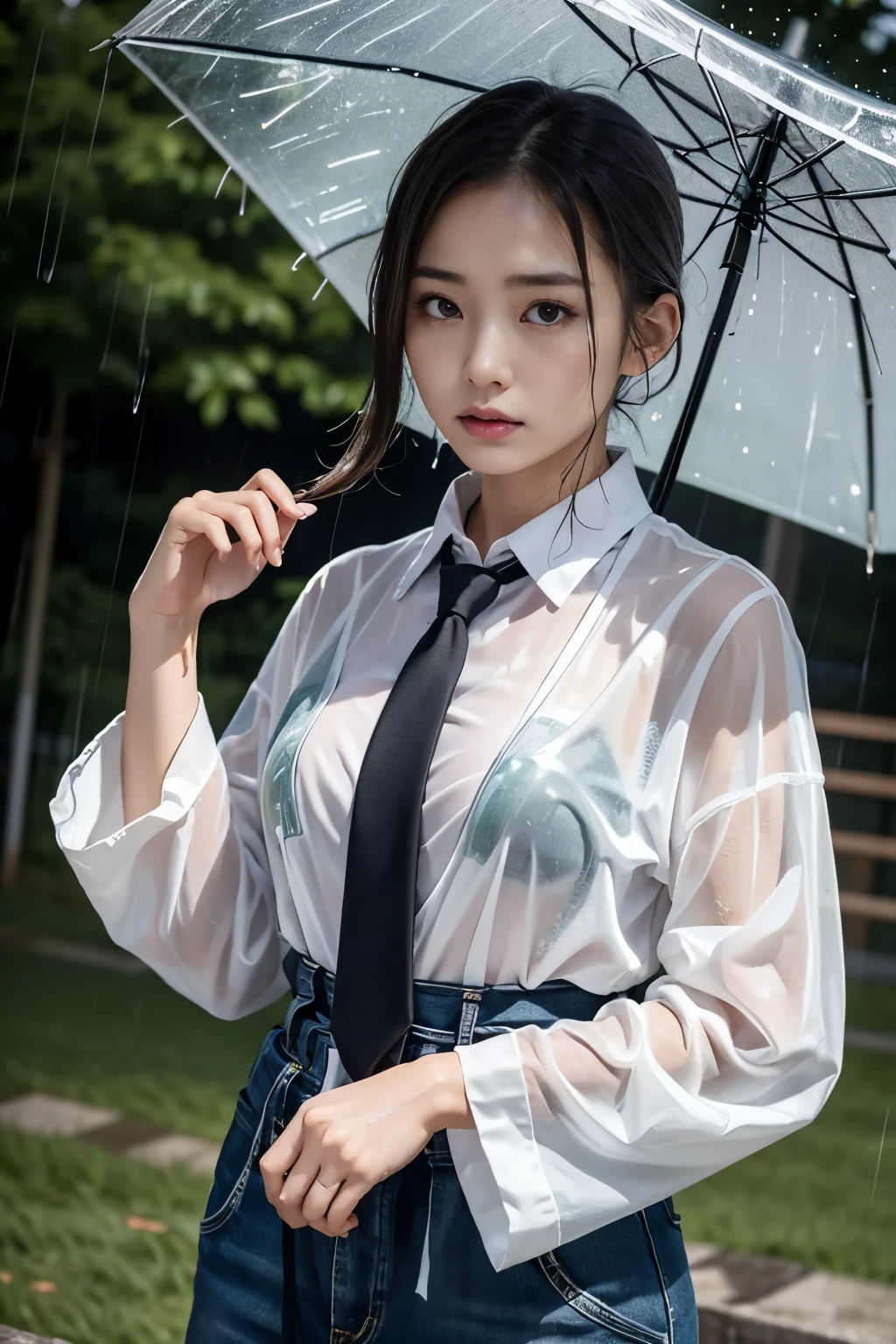 Highly detailed CG Unity 8K wallpaper、highest quality、super detailed、masterpiece、realistic、Photoreal、((Park where it is raining:1.4))、Highly detailed cute girl、16 years old、(High school girl in Japan uniform)、((Shooting from the front:1.4))、((Dark blue student bow tie:1.4))、((sitting on a wet bench in the park:1.4))、blush、split lips、looking at the viewer、semi body shot、(A room in a love hotel)、(Japan High and designated shoes)、(navy blue short pleated skirt:1.5)、(Short-sleeved white shirt for students)、 (dark blue bow tie:1.2)、(Light brown long hair)、(beautiful face:1.3)、(perfect proportions:1.2 、(big breasts:1.3)、((white panties:1.4))、((Blouse wet in the rain、The brush is see-through))、(Bra is transparent)、(((wet hair、wet skin)))、((Upper body))、((look of confusion:1.4)) , big breasts