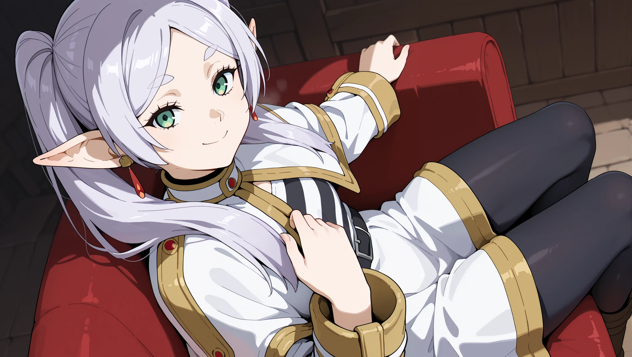 (masterpiece), best quality, absurdres, very aesthetic, nice hands, 1 girl,zzFrieren, long hair, smile, twintails, green eyes, grey hair, pointy ears, elf, zzFrieren, long hair, twintails, green eyes, grey hair, pointy ears, elf, shirt, long sleeves, jewelry, earrings, striped, capelet, striped shirt, white skirt, black pantyhose,