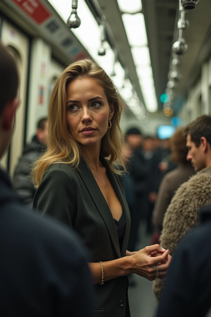 editorial photography,super detailed background,Super realistic,double exposure,depth of field,beauty cute super slender skinny vides,soft_focus tone,narrative scene,Woman being molested on a crowded commuter train,NSFW,