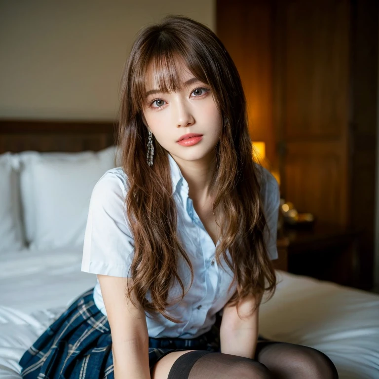 top-quality, 8K picture quality, ​masterpiece, Professional lighting without shadows, two friendly women, (with perfect body、Colossal breasts with tension:1.2), Bright whitening skin, (Bright and beautiful blue eyes with plump red tear bags reflect a lot of light.:1.2)、 A deep red ribbon tie is wrapped around the collar.、She is wearing a tight polo shirt made of ultra-thin stretchy plain white fabric。, No skin is exposed on the upper body, Super short mini pleated tartan check skirt, (their skirts are incredibly short:1.3), (Proudly showing off her big breasts from the front through a polo shirt:1.2), (Another girl on the other side shows off her big butt from behind:1.2), (Pose with your knees bent),