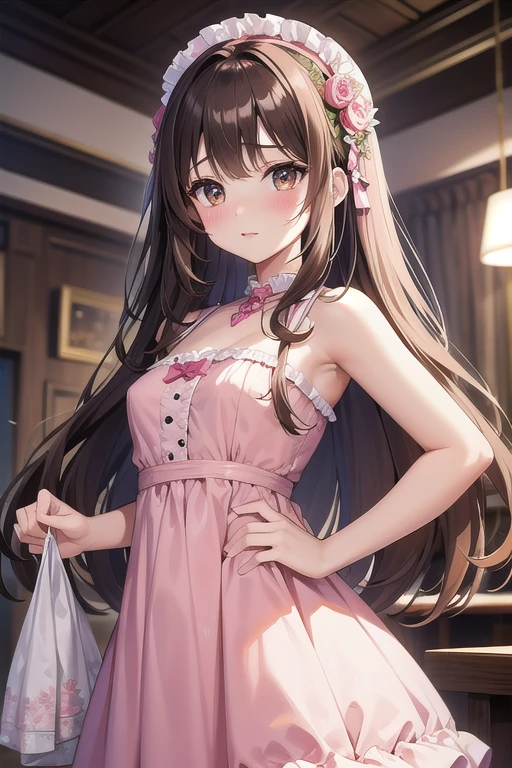 Anime girl, thick and curvy, long curly brown hair with bangs, brown eyes, pastel coquette aesthetic
