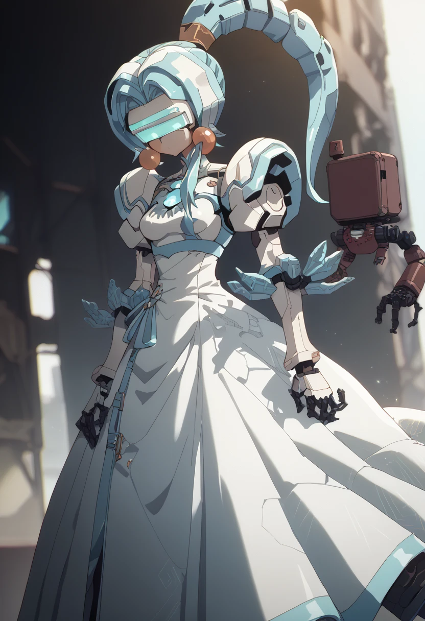 masterpiece, high definition , top quality,8k 
(ponytail,mechanical girl,mechanical body,blue long dress,mechanical goggle,White body color,no mouth) 