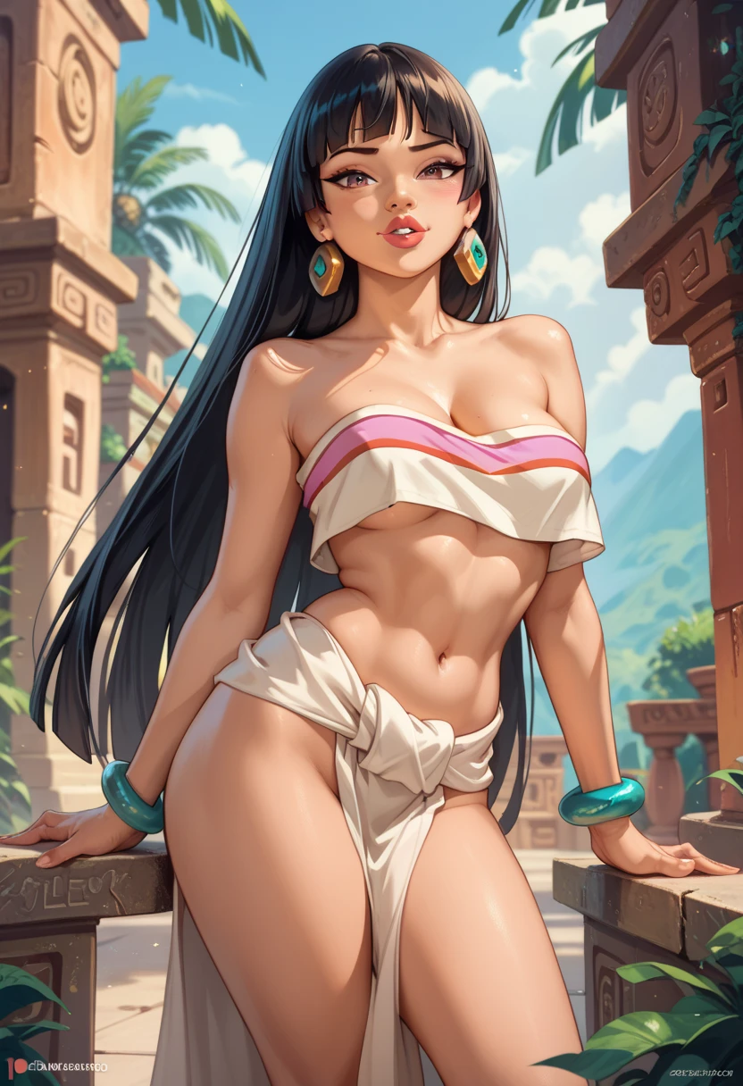 1 girl, best quality, masterpiece, Aztec temple in the background, Chel from the movie "The Road to El Dorado", detailed face, Same outfit Chel normally wears but make it composed of pink latex, biting bottom lip, wearing shiny pink lip gloss, sexy pose, hand on hip, other hand dragging fingers slowly across upper chest, blushing deeply