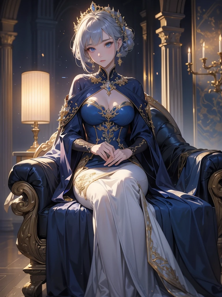 Noble Mansion,(gray hair:2.0),The ponytail is straight and tall.,Gold headband,stand close.,dream world,mature woman,(blue eyesฟีนิกซ์เรียวยาว,lipstick,Long eyelashes),Long eyelashes,contact lens,Gemstone Gold Necklace,(Off-the-shoulder blue fur dress,top of fur pipe,Strapless fur,wide wrist,long skirt,belt:2.0),top of fur pipe(big breast)Ballroom Background,(Soft light and shadow:1.9),High-heeled shoes made of fur,elegant high heels,Detailedly drawn background,holy goddess,มายากลal effect,silver hair,blue eyes,transparent dress,exquisite decoration,Features of the มายากลal costumes of the heavens,a small amount of blue cloth,exquisite clothes,Floor skirt,lace details,Delicate ruffles,bedroom,alone,at night,Lace stockings,sacred strip,transparent clothes,decorated with jewelry,