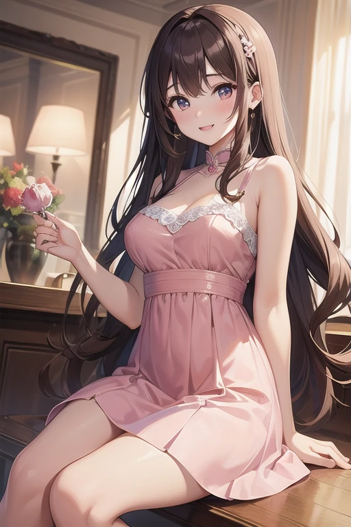 Masterpiece, best quality female, (French),(small breast), (very long curly pink volumetric hair:1.33), (white crinoline inside with red corset outside:1.33), (long red skirt:1.33), flat headband, (detailed beautiful hazel eyes:1.33), detailed blush smiling face, slim body, perfect anatomy, very cute, dynamic pose, showing some leg, perfect shading, dramatic lighting, rendered in 8K resolution for high-quality detail, trending on art station, concept art, smooth, sharp focus, in a saloon, highly detailed, soft natural volumetric, cinematic perfect light, intricate details #breasts #babe #realisticbabe