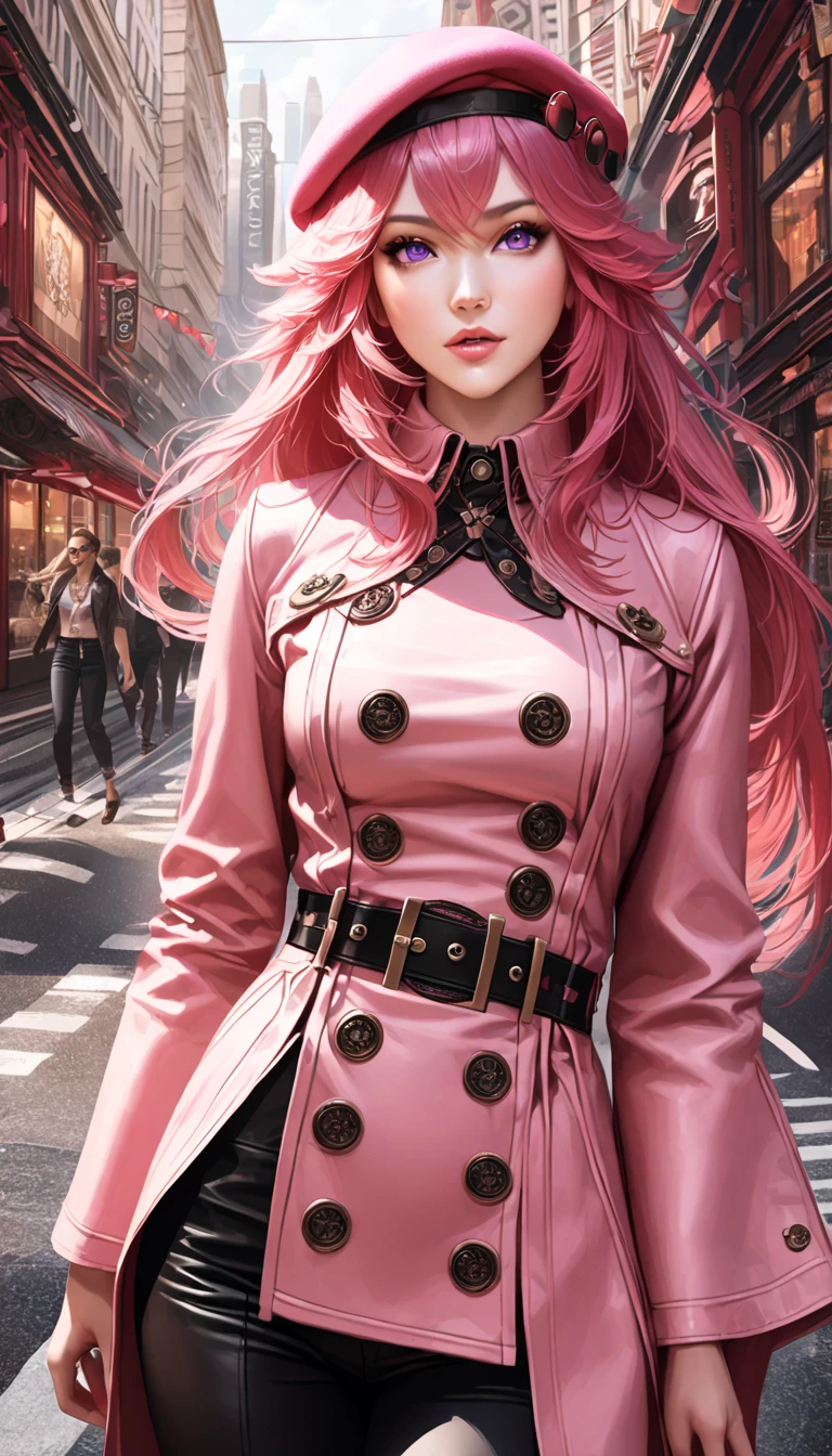 4k, realistic, high detailed, super eyes detailed, fashion clothes, pink trenchcoat, french beret, black pants with belt, long hair, in the city,  pink hair, purple eyes, yae miko, wearing trendy sunglasses,