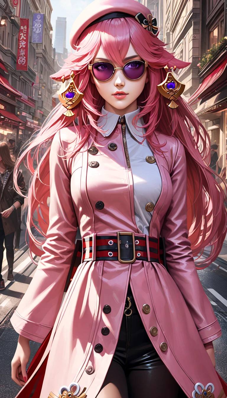 4k, realistic, high detailed, super eyes detailed, fashion clothes, pink trenchcoat, french beret, black pants with belt, long hair, in the city,  pink hair, purple eyes, yae miko, wearing trendy sunglasses,