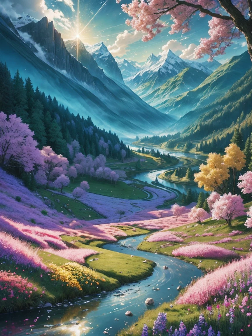  A picture with an abstract landscape ,  where the line of well-being from the matrix of fate is depicted as a river of light,  and the line of fate is like a mountain path .  All around are elements of nature ,  such as flowers and trees ,  that symbolize growth and prosperity ,  as well as celestial bodies , reflecting fate ."