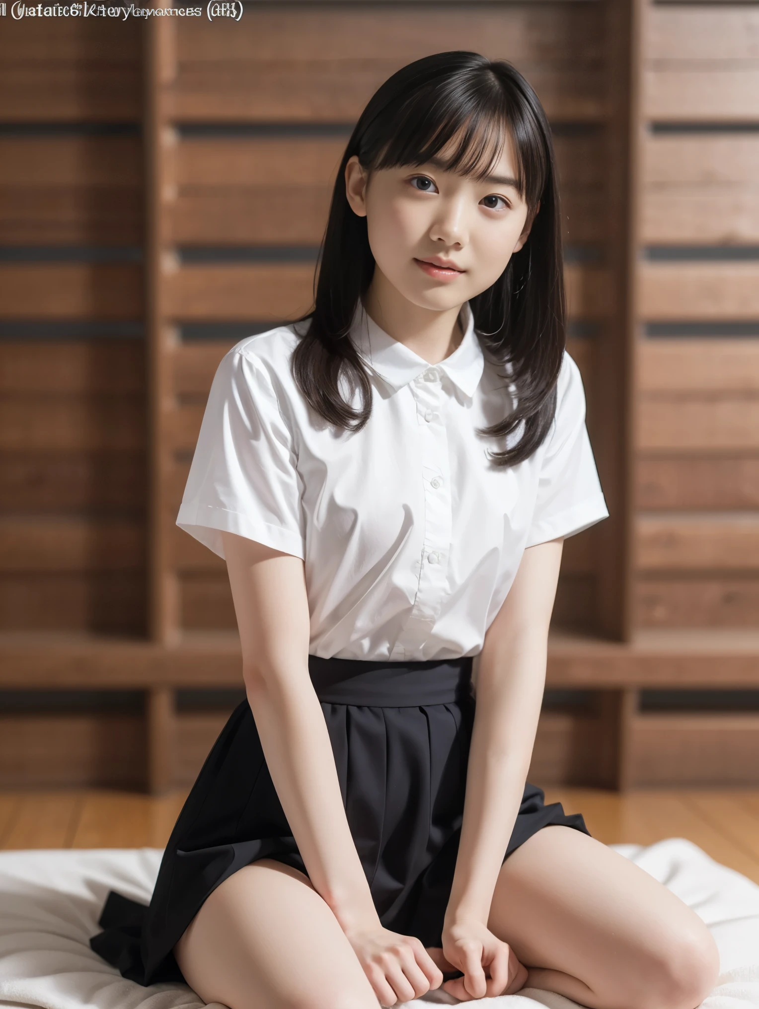 ((highest quality, masterpiece :1.3)), Photorealistic、Ultra-high resolution、Natural skin texture、Hyperrealism、Photograph from the knee up、16 year old Japanese beautiful girl、Twin tail hair、Large breasts、White collared shirt and tie、Ultra mini skirt、Frightened expression、Lying in bed