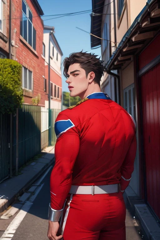 (  top quality ), ,Back Alley,  Japanese with a cool and handsome face ,Beautiful young 18 years old , Handsome guy with a sexy body, shiny power rangers suit, 