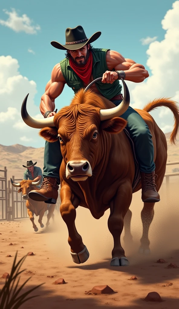 an anthropomorphic bull-man is pulling a four-wheeled covered wagon across a grassy field during the day, ((solo, walking, pulling, looking ahead)), male, ((anthro, bull-man, medium-length horns, bovine tail, muscled body, hooves, two-tone fur, brown and white furred body)), calm expression, (green eyes, rein, girth, (loose tan medieval shorts)), grasslands background, small village background