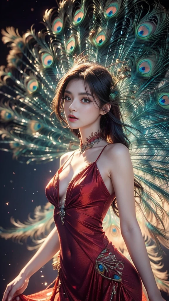 4K, UHD, masterpiece, 1 girl, ((good face)), detailed eyes, very long hair, small breasts, ((peacock dress)), ((red dress)), ((strap dress)), bare waist, navel, ((peacock wings)), ((ornaments)), butterfly, unreal creative art, ultra detailed, details, ultimate details, amazing magnificence, in the beautiful dargen, birds, Pedaipan style, glowing light, bloom, ray tracing, cinematic pose, ((upper body))