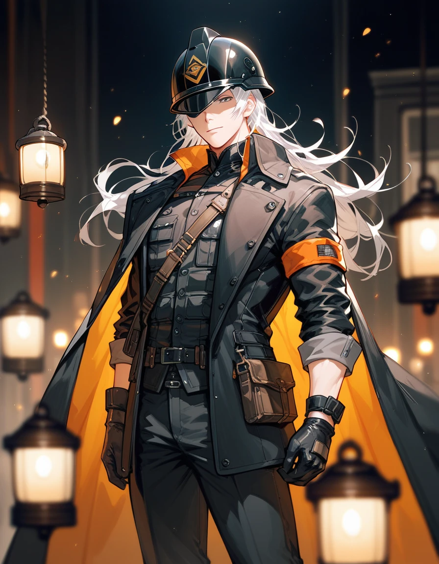  Men's ,Black Helmet Front Cover , wear gloves, Black Long Coat Cloak, Trousers,Has long white hair,Lantern worker ,thin