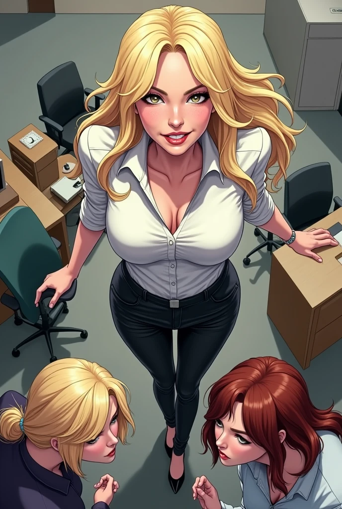 one person, sexy female blond character, green eyes, pink long-sleeve T-shirt, black leggings, playing on computer