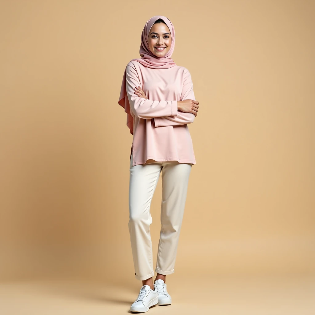 Full-length portrait of a woman wearing a light pink hijab and matching long-sleeved shirt, standing with arms crossed over her chest. She wears light beige/cream colored pants and white sneakers. The woman's expression is pleasant and friendly, her gaze directed straight ahead. The beige backdrop is smooth and plain, creating a clear focus on the woman's clothing and physique. The lighting is even and bright, casting no harsh shadows. The image evokes a feeling of modesty and composure. The clothing appears soft and structured, with a subtle sheen. The composition is straightforward and symmetrical, using a classic studio portrait setup, which emphasize the model's elegance. The overall style is simple, modern, and professional yet approachable.