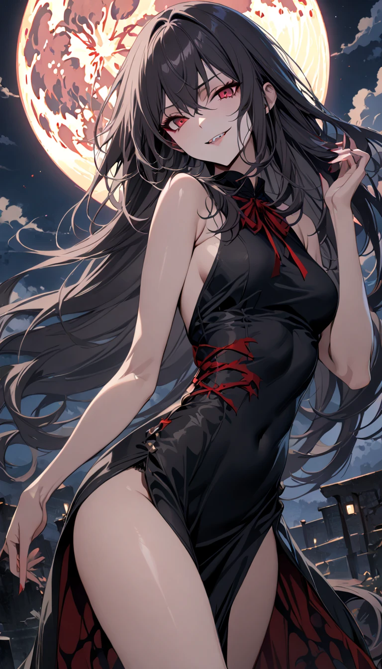 masterpiece, best quality, detailed, 1girl, solo, night sky, outdoors, full moon, stars, clouds, night,,  dark sakura, (black dress), long hair, evil smile, red ribbon, striped, thighs