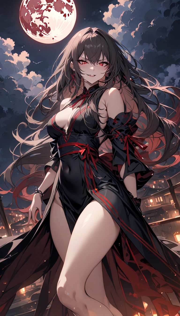 masterpiece, best quality, detailed, 1girl, solo, night sky, outdoors, full moon, stars, clouds, night,,  dark sakura, (black dress), long hair, evil smile, red ribbon, striped, thighs