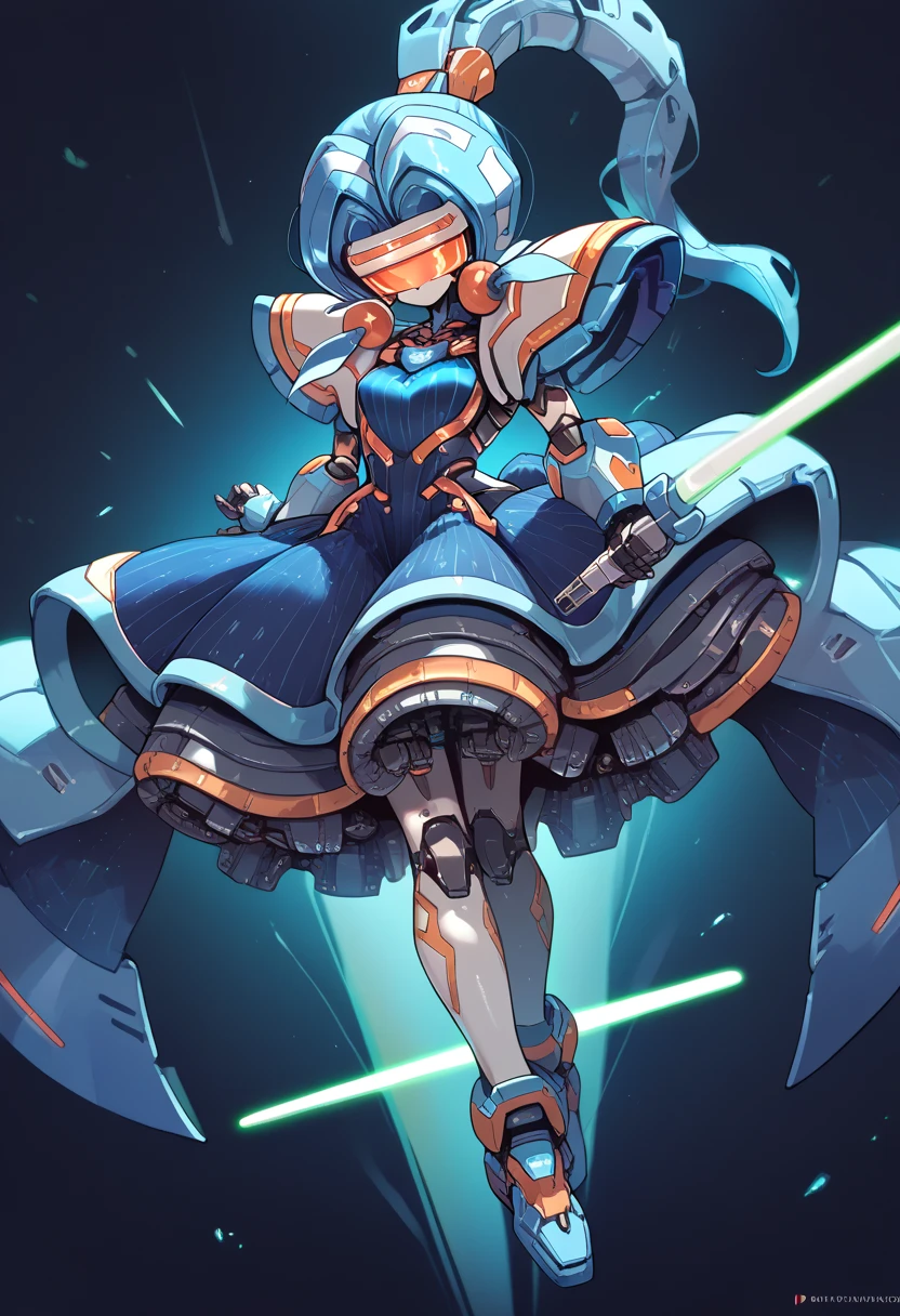 masterpiece, high definition , top quality,8k 
(ponytail,mechanical girl,mechanical body,blue mechanical dress,mechanical goggle,White body color,no mouth) (blue Lightsaber)