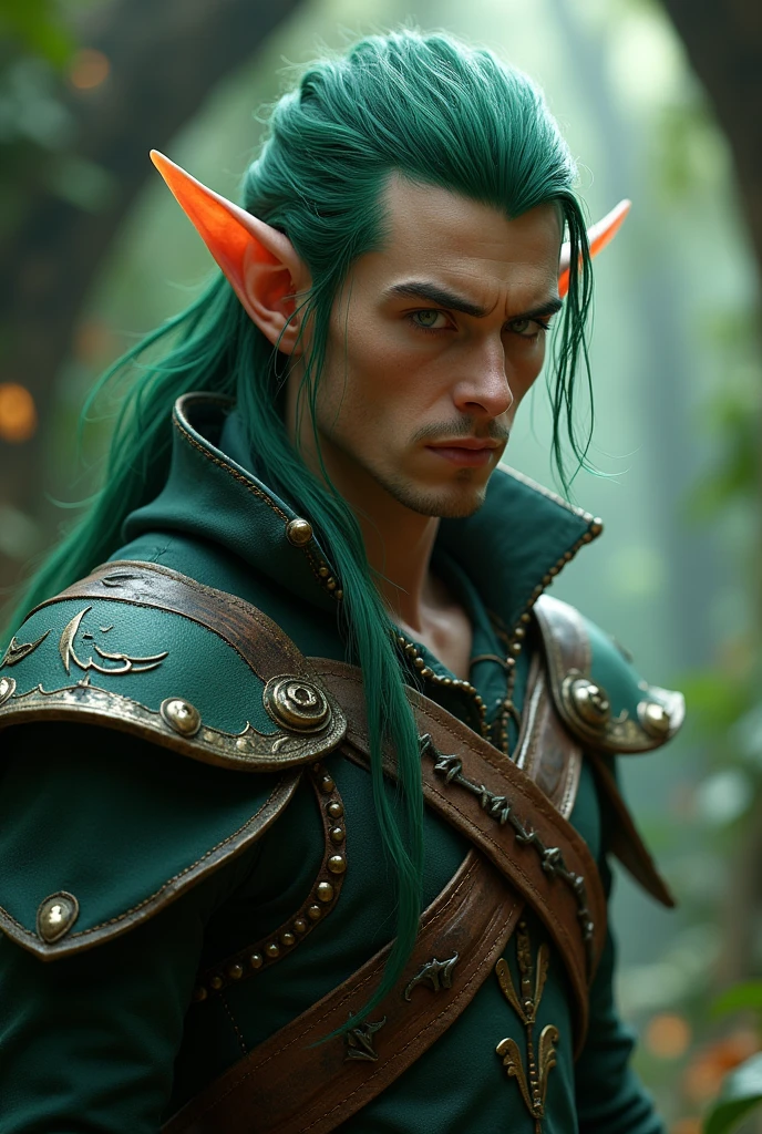 ((picture-perfect)), ((face perfect)), ((ultra detaild)), ((fully body)), ((perfectbody)), ((naughty man)), ((elfo))um close de um naughty man elfo segurando uma espada em um quarto escuro, handsome guy in demon slayer art, Eyes red, hair green, pointy ears, imagem de fully body, naughty man bonito, elfo