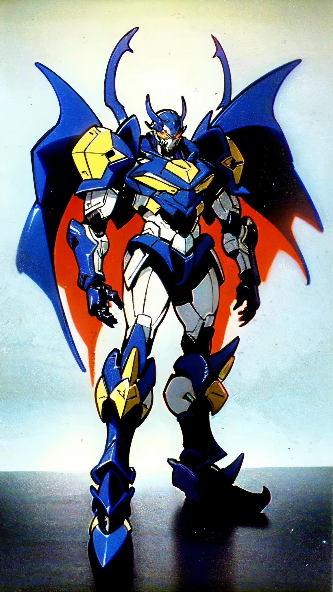 (masterpiece:1.5, best quality:1.5, extremely delicate:1.5), ((male:1.5)), a man wearing a full-face helmet, high-tech biomimetic armored combat suit, (a composite layered chest armor), the design balances heavy with agility, fully enclosed shoulder guards, matching arm and leg guards, a belt of gemstone, (the color scheme is primarily Red with Purple and Yellow accents, Organic Biotech, Concept Inspired by Vampire, glowing eyes, armor glows, huge cloak like devil wings, blood), stand of a futuristic sci-fi city, this character embodies a finely crafted fantasy-style armored hero in anime style, exquisite and mature art style, metallic, high definition, highres, ultra-detailed, ultra-fine painting, professional, perfect body proportions, golden ratio, anatomically correct, symmetrical face, extremely detailed eyes and face, high quality eyes, creativity, RAW photo, UHD, 32k, Natural light, cinematic lighting, (masterpiece-anatomy-perfect:1.2)