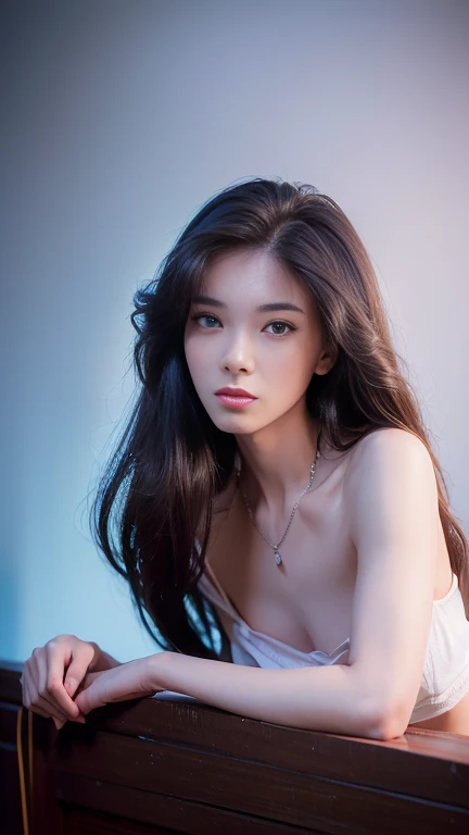 Eastern European Beauty、Dark hair、Blue-gray eyes、slick skin、Wearing a white blouse、Cinematic masterpieces、Kou Quality、Beautify your mouth