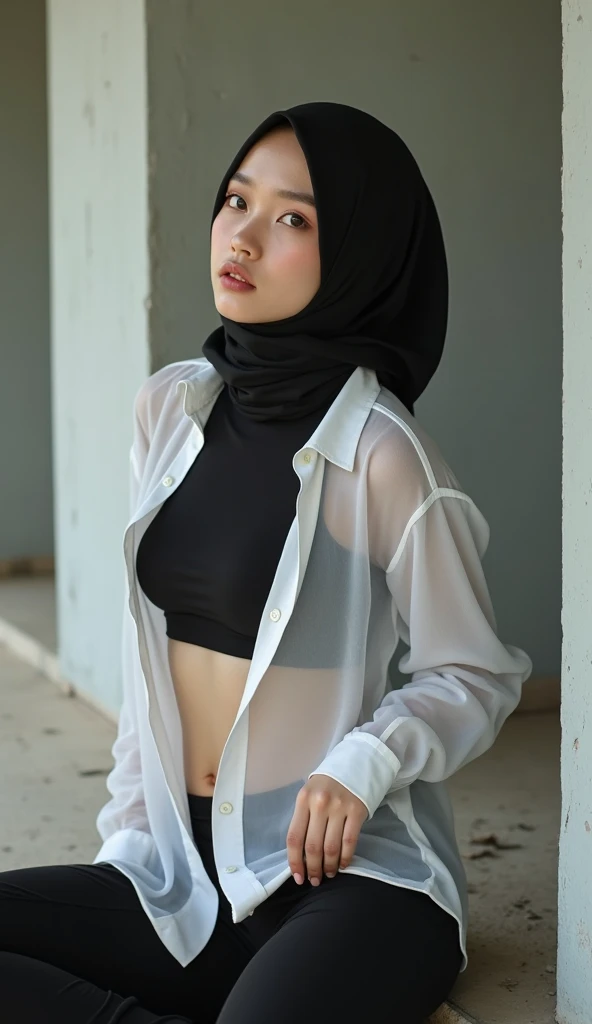 a niqabis malay girl wearing black hijab at home... wearing white oversize crop top shirt.. black pants.. standing straight... soft stomach.. less lighting.. being stab by a man in her navel