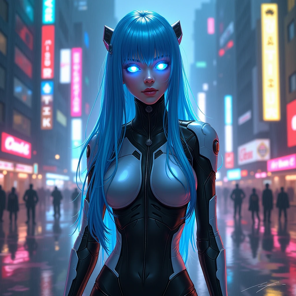 View from below, angle from below Girl Android mechanical prosthetics demonic gloomy with long blue hair woman with sexy hips half cyborg modification Beautiful sad girl blue eyes stands in full growth Anime Style black background Cyberpunk style, black background image of night black city and blue neon lights fluorescent lamps