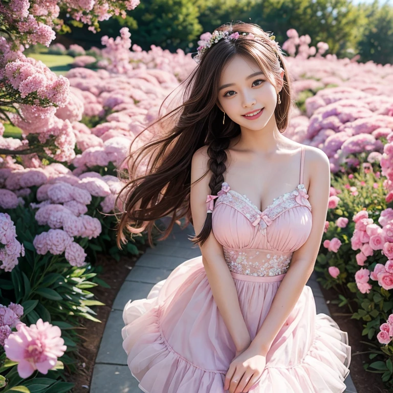 art by Cornflower, dream-like, cherry_flower, fall_flowerびら, flowerびら, branch, pink_flower, 1 girl,22 years old, green_null, spring_(海upon), flowerびら_upon_liquid, flower, flower見, dress, (curly hair:1.5),Wearing a wreinh,null, outdoors, cloud, bangs, smile, pink_eye, White skirt with cherry blossom embellishments, Plain shoulders, cleavage, beautiful breasts, earrings, holding_flower, Wind, wood, looking for_in_viewer,cowboy shot,