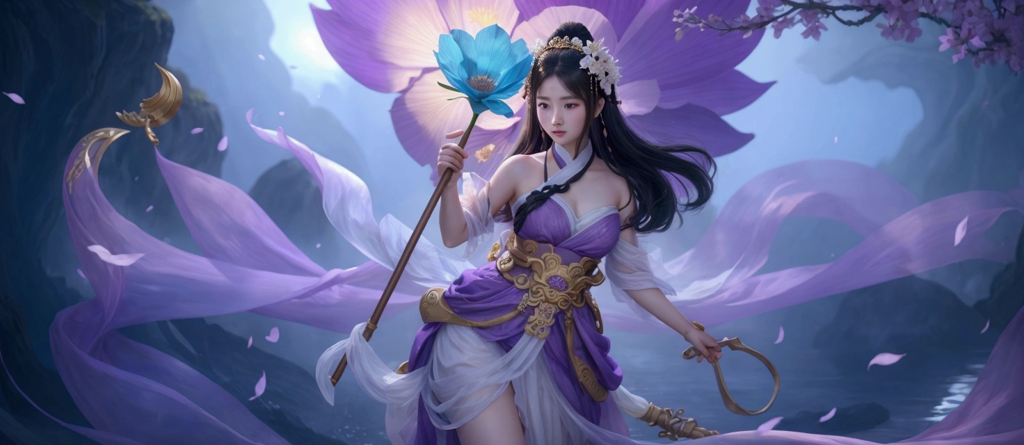 Sexy transparent platinum low-cut lace manicure cleavage close-up of busty woman holding lotus in hand, Headgear, Violet necklace, Jade belt , Toned abs, beautiful fantasy empress, ((beautiful fantasy empress)), Beautiful celestial mage, Belle peinture de personnage, full body xianxia, Portrait of a knight of the zodiac girl, author:heroes, G Liulian art style, fantasy art style, foreshortening